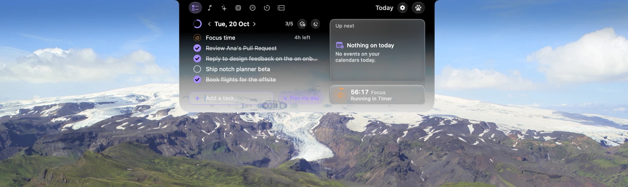 Today tab: a checklist, the next calendar events and the focus timer